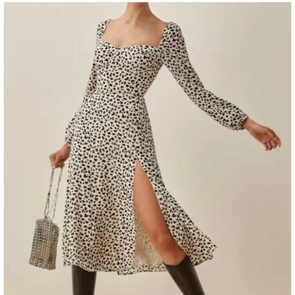 Reformation Shelby Dress Ocelot White Black Polka Dot Midi Slit Bustier Size 0